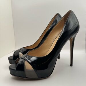 Valentino Black Patent Leather Peep-Toe Heels Size 39.5
